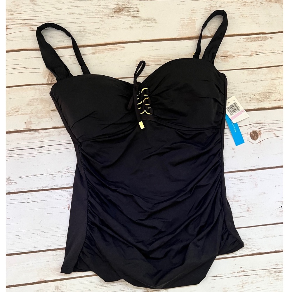 Bleu Rod Beattie Tankini Top Black Ruched Lace Up Gold Hardware Size 6